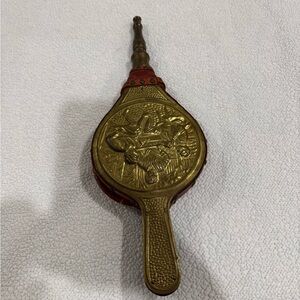 Antique French Repousse Brass Wood & Leather Fireplace Bellows Steampunk